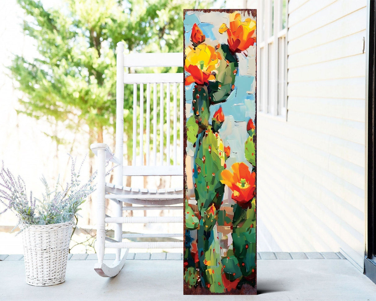 36in Summer Cactus Wooden Porch Sign - Oil Paint Style - Rustic Farmhouse Decor - Perfect for Door, Wall, Outdoor Entryway Decor
