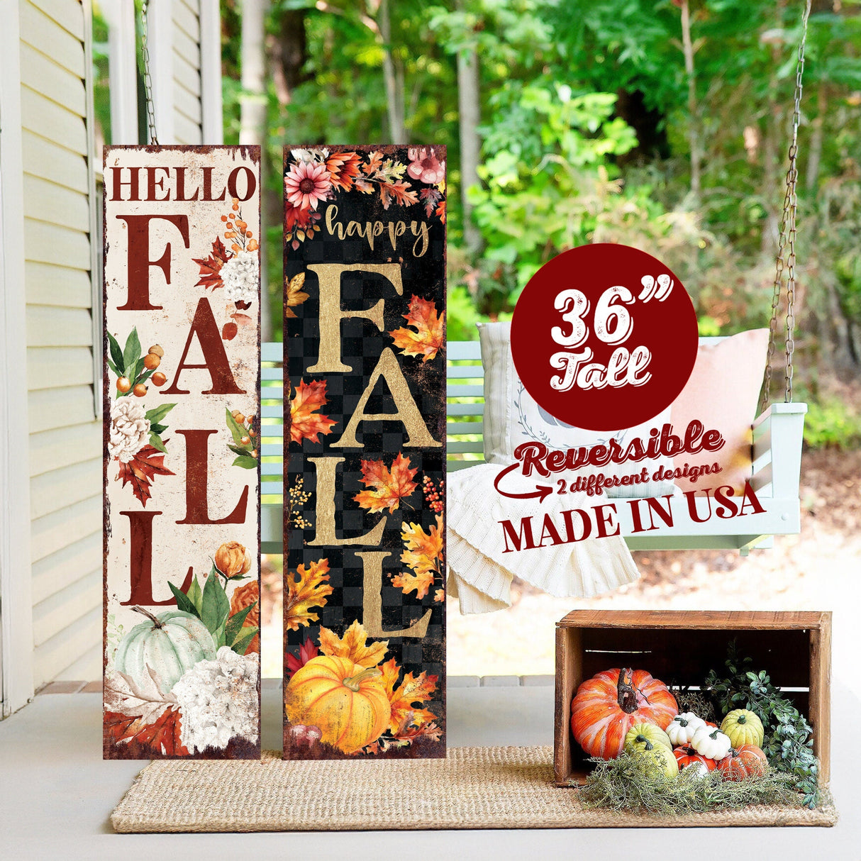 Reversible 36-Inch Rustic Autumn Porch Sign
