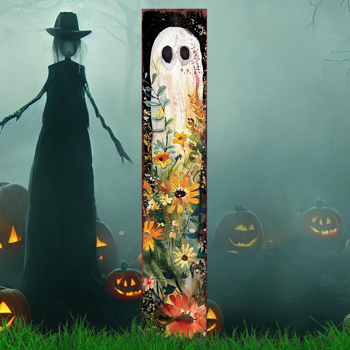 42-Inch Halloween Watercolor Ghost & Wildflower Garden Stake