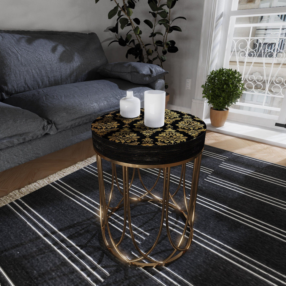Black & Gold Victorian Pattern Accent Table
