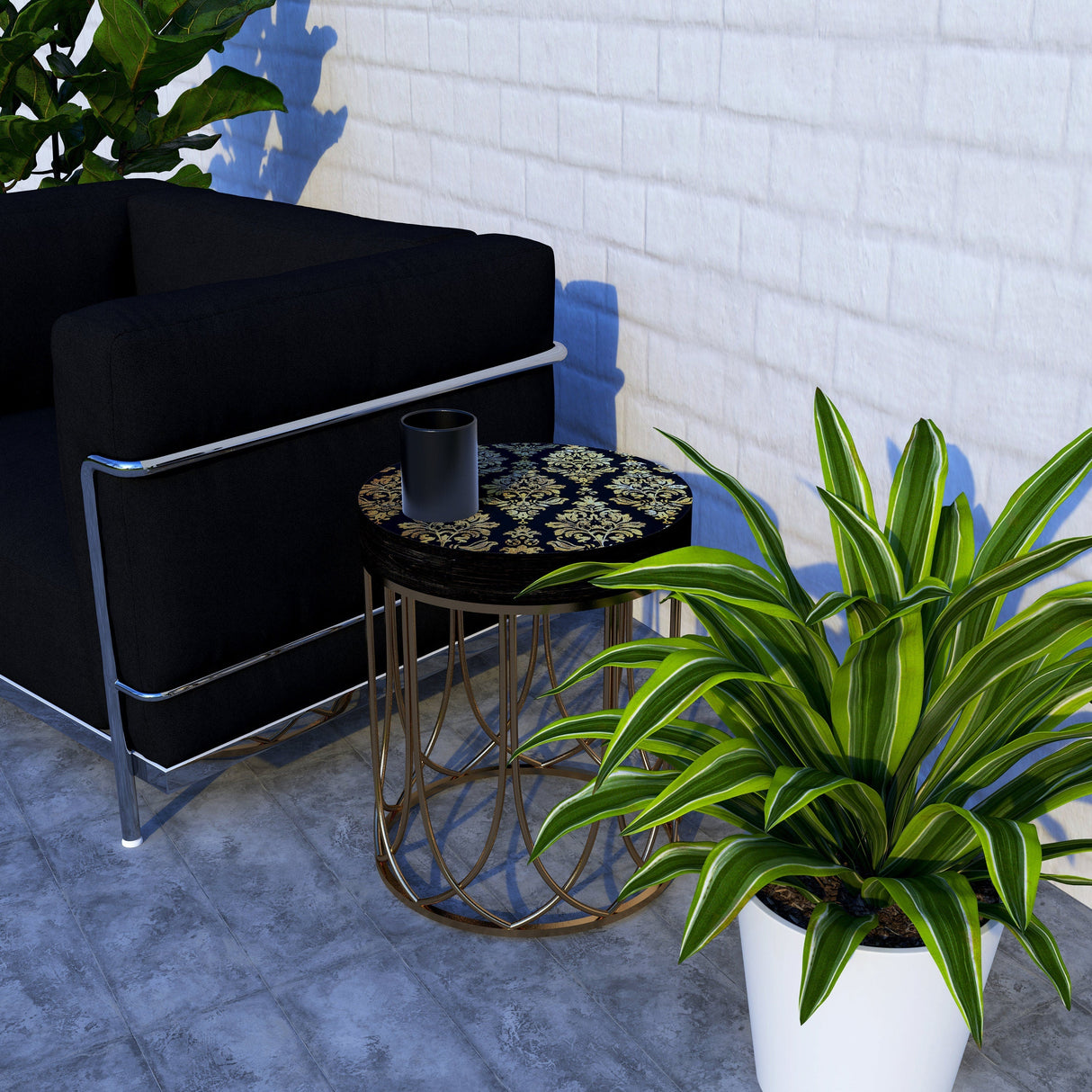 Black & Gold Victorian Pattern Accent Table