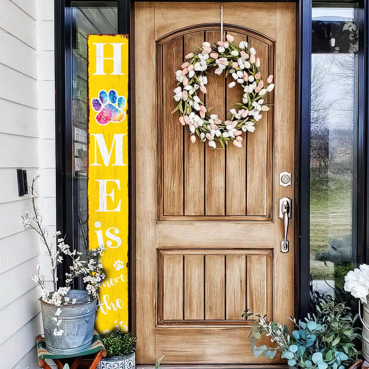 72in Home is Where the Dog Is Porch Sign - Front Porch Sign with Furry Friend Decoration, Yellow Rustic Farmhouse Pet Decor for Outdoor