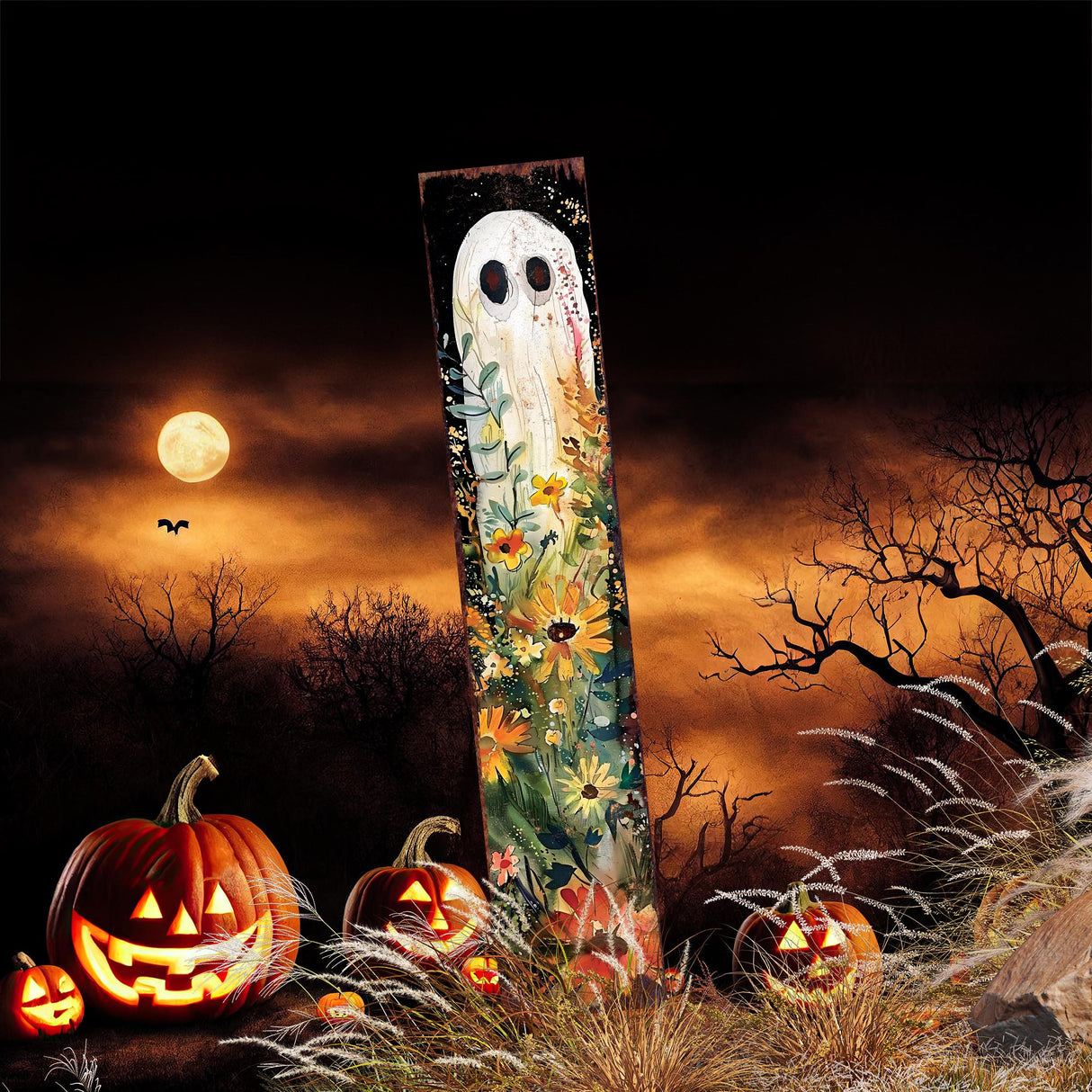 42-Inch Halloween Watercolor Ghost & Wildflower Garden Stake