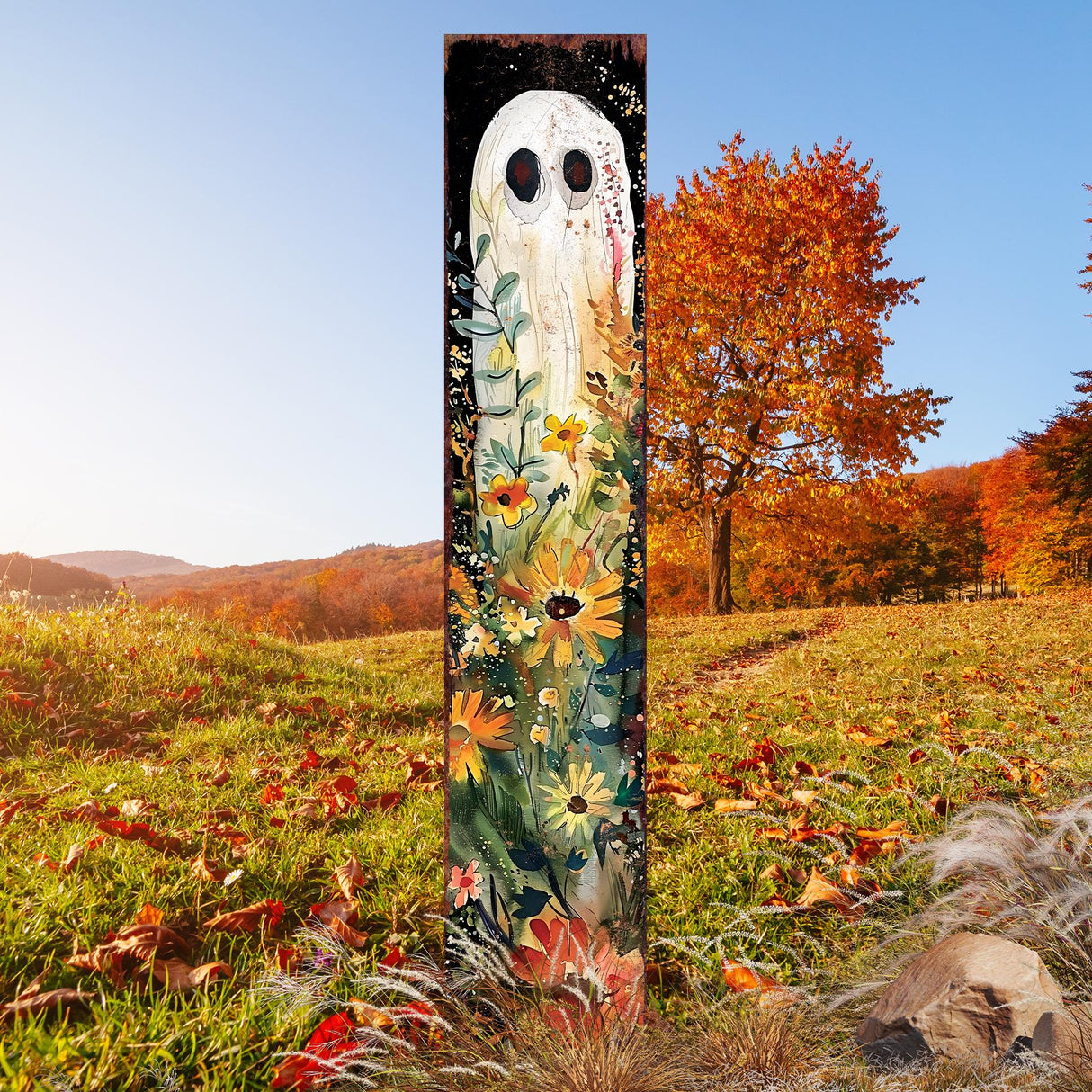 42-Inch Halloween Watercolor Ghost & Wildflower Garden Stake
