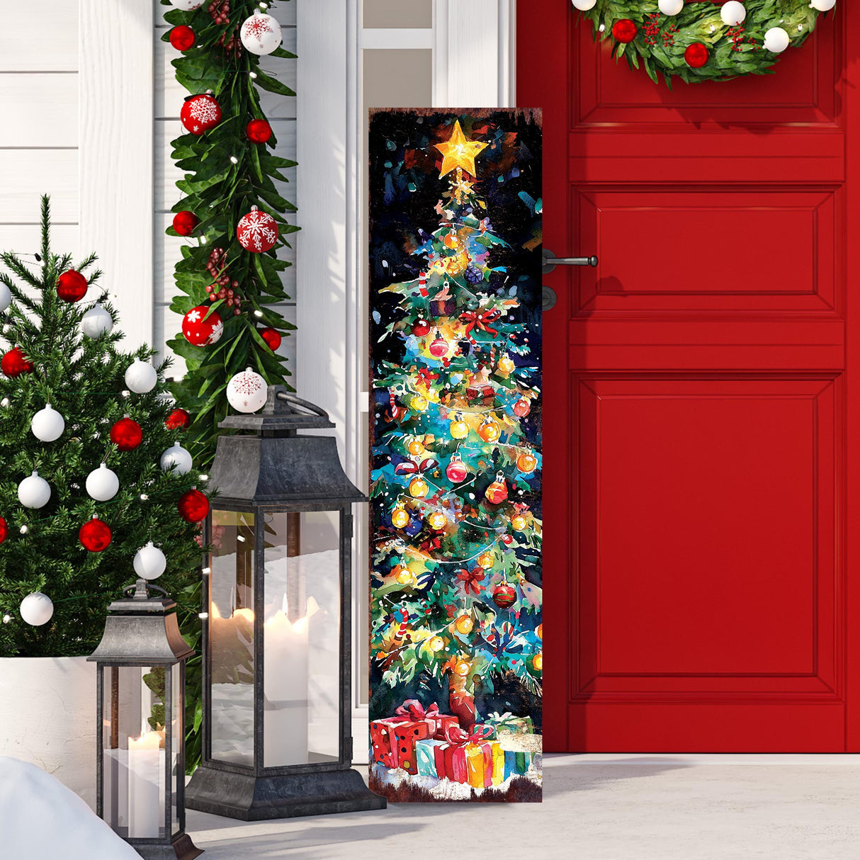 48in Christmas Tree Porch Sign - Holiday Front Porch Plaque | Christmas Decoration | Christmas Entryway Decor | UV Print | 48x12in