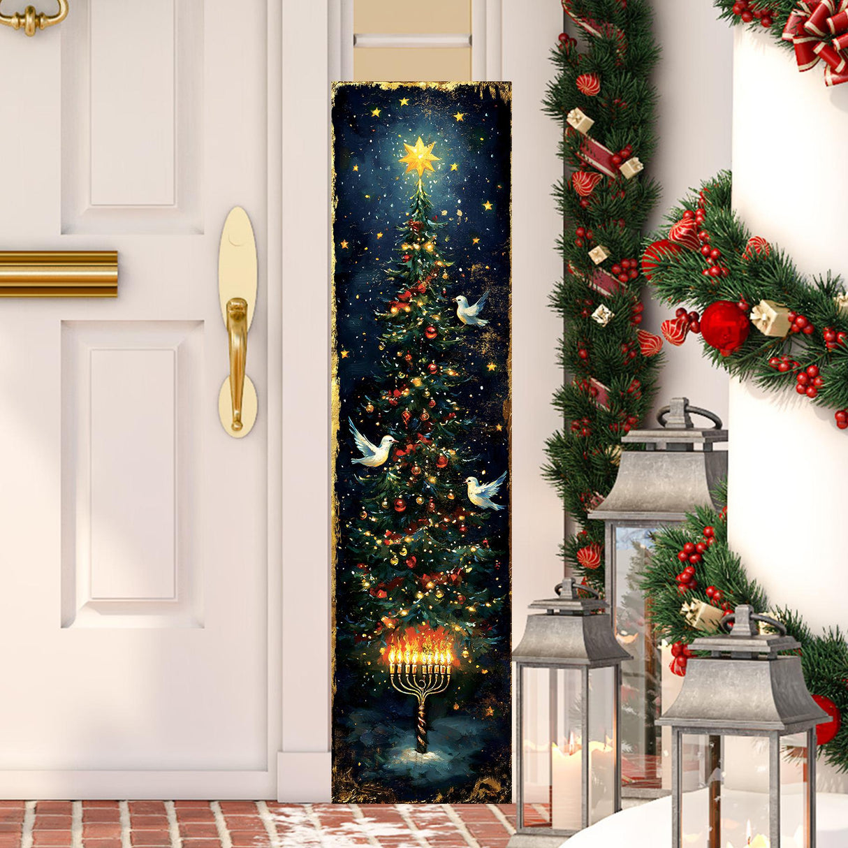 Hanukkah and Christmas Porch Sign | Menorah & Tree Design | Entryway Decor | UV Print | 3 Sizes