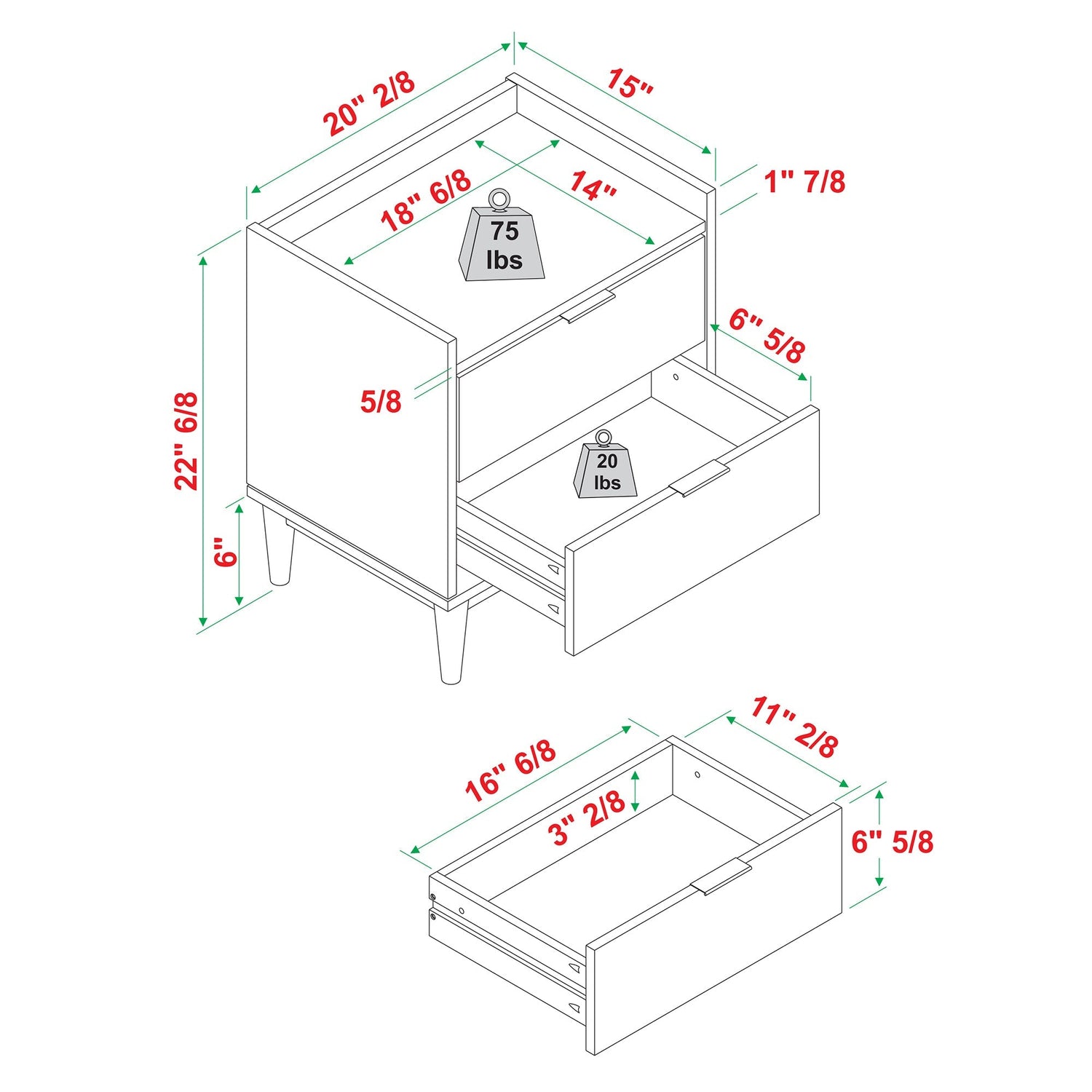 Illuminated Solid Wood Nightstand with 2 Drawers - Nightstands