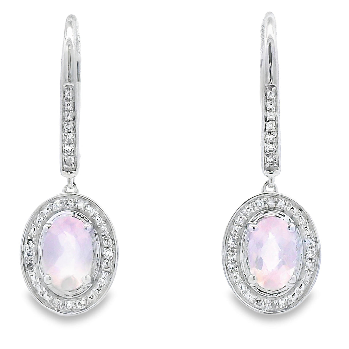 Rose Quartz Diamond Dangle Earrings 10KT White Gold