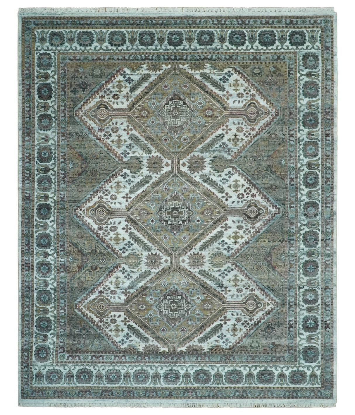 Ivory and Olive 8x10 Hand Knotted Traditional Design wool area rug