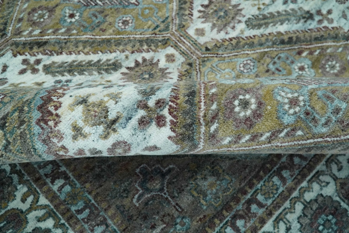 Ivory and Olive 8x10 Hand Knotted Traditional Design wool area rug