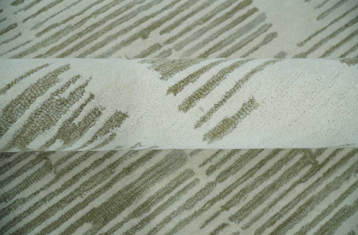 Ivory and Olive Modern Stripes Design Hand Tufted 8x10 wool Area Rug, Kids, Living Room and Bedroom Rug