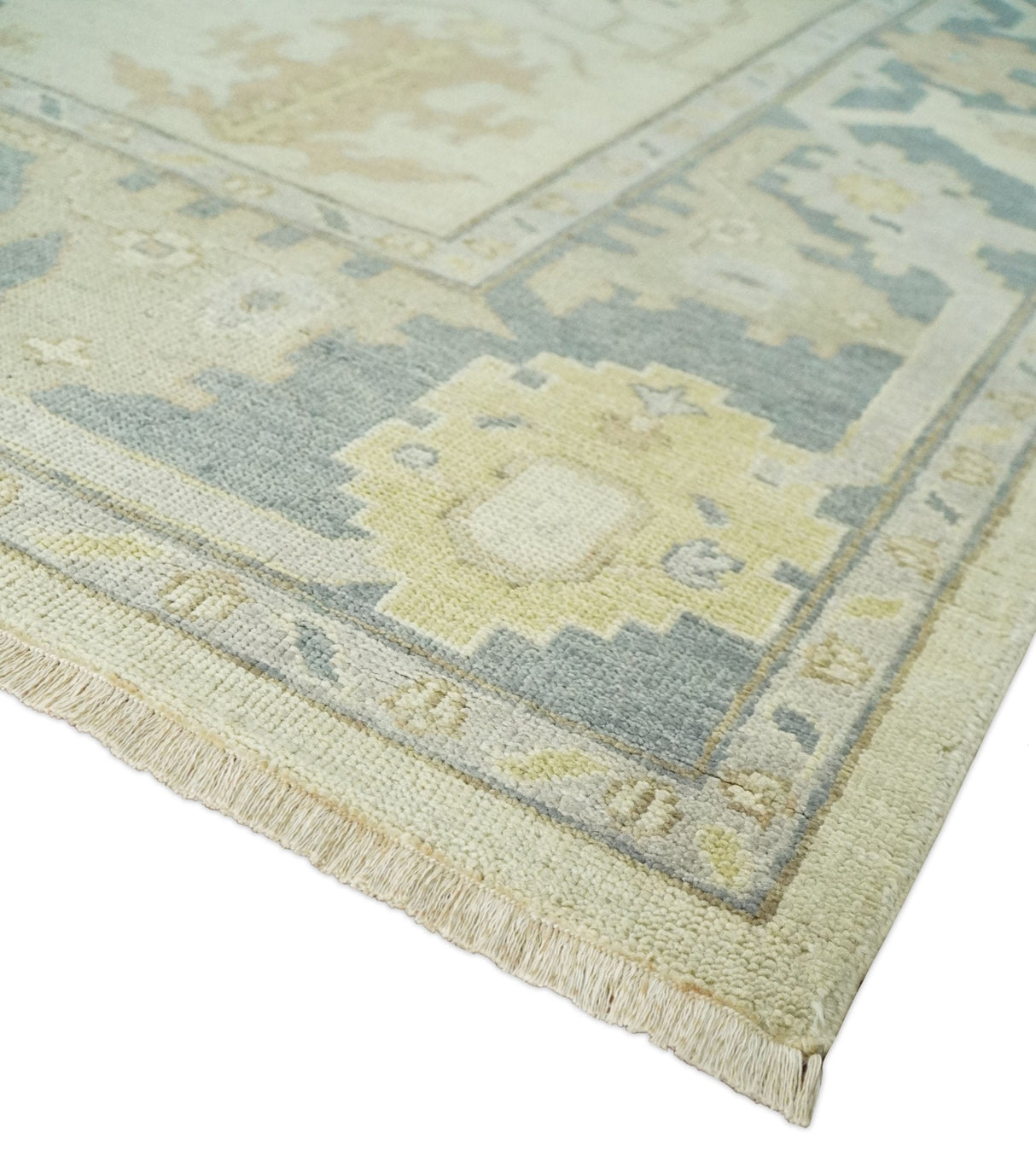 Beige and Gray Hand Knotted Traditional Persian Oushak Wool Rug