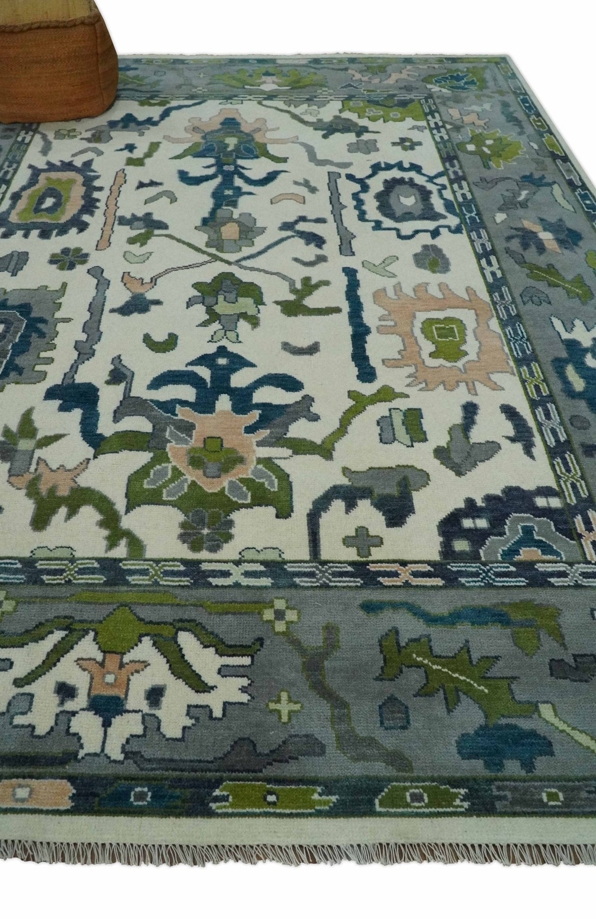 Ivory, Gray, Teal and Green Hand knotted Traditional Oushak 9x12 Wool Area Rug