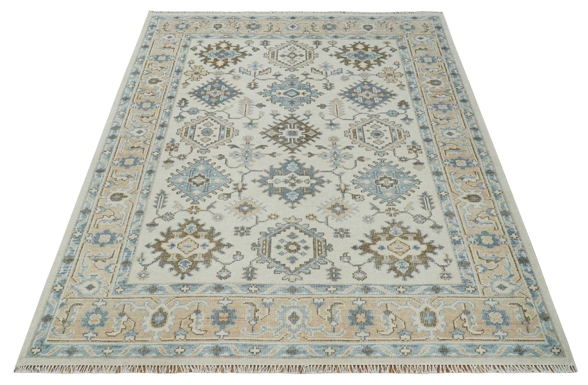 Ivory, Peach and Gray Hand knotted 8x10 Traditional Ikat Design Oushak wool Area Rug