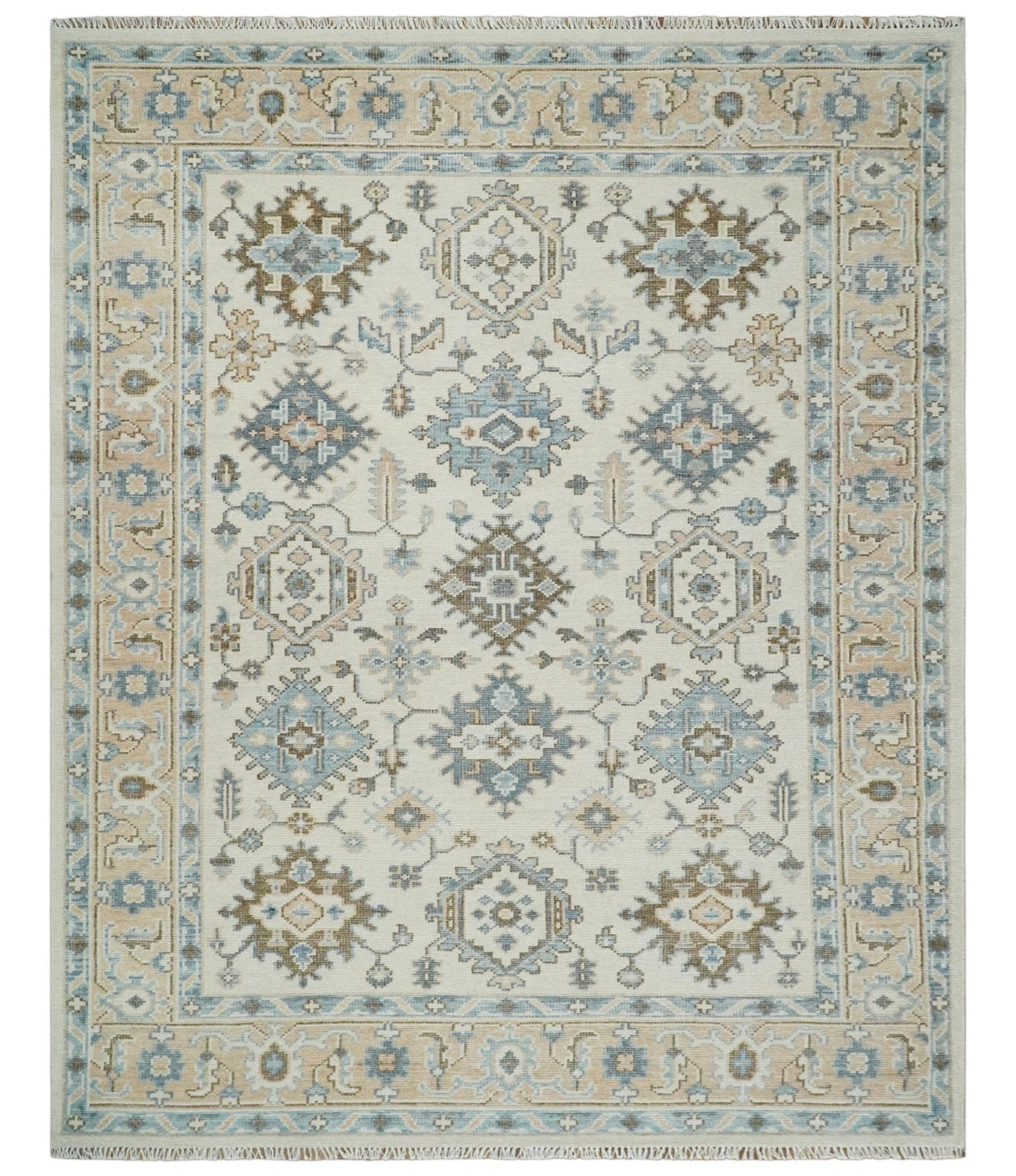 Ivory, Peach and Gray Hand knotted 8x10 Traditional Ikat Design Oushak wool Area Rug