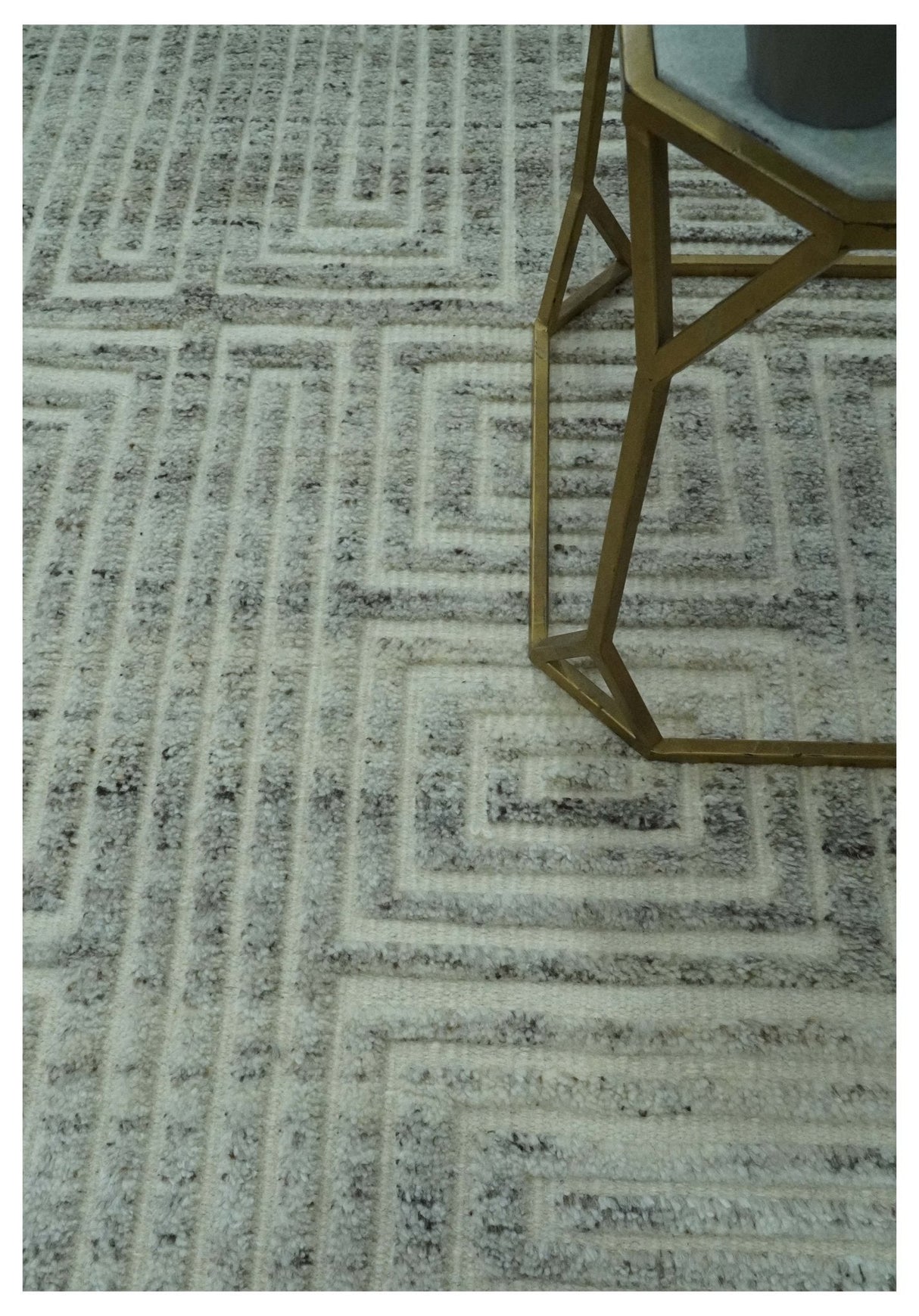 Ivory, Silver and Charcoal Modern Geometrical Puzzle Design hand knotted 5x8 wool Area Rug