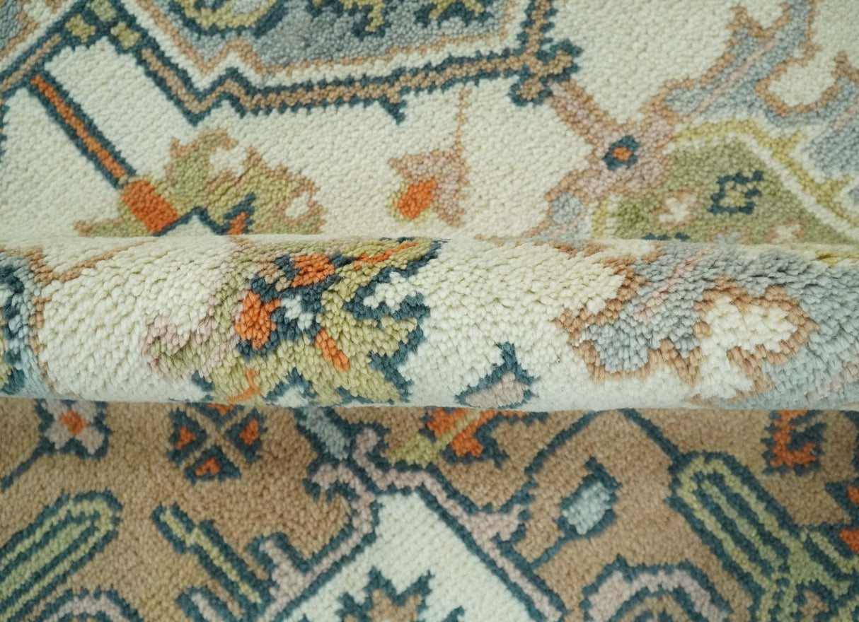 Ivory, Silver, Peach and Olive Traditional Heriz Hand Knotted Multi Size wool Area Rug