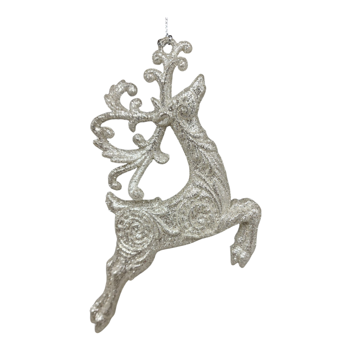 Silver Glittered Reindeer Ornament - Leaping