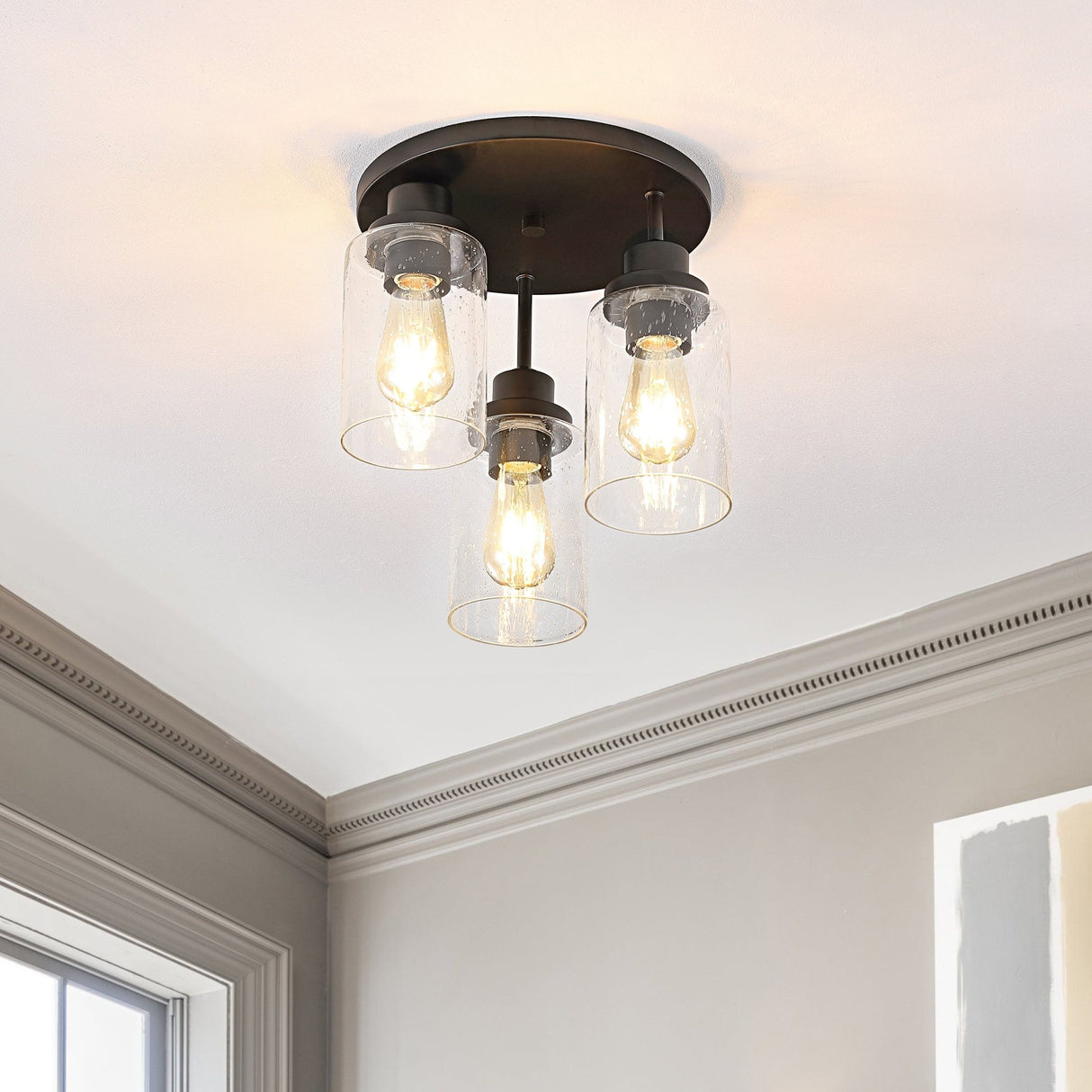 Jonah 3 - light bohemian farmhouse iron/seeded glass led semi flush mount - Tuesday Morning - Flush Mounts