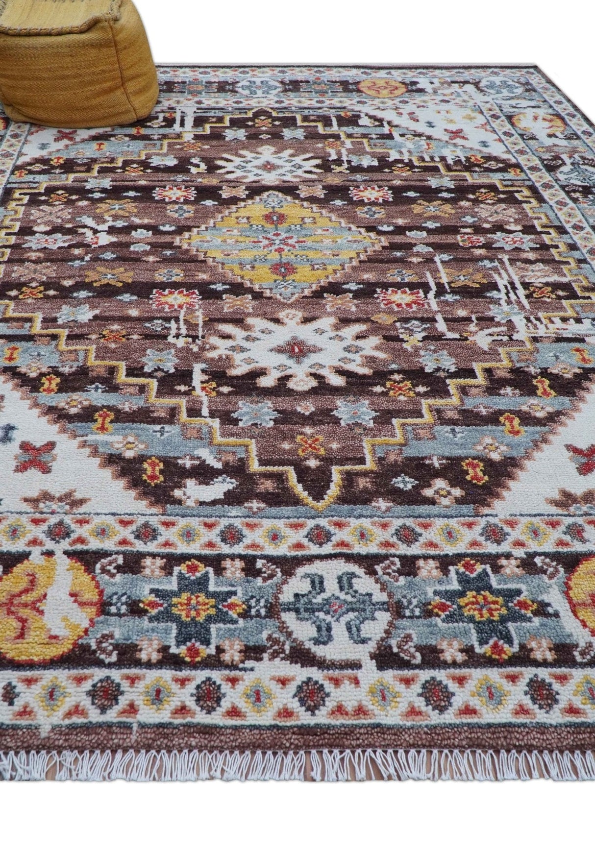Ken Transitional Design Brown And Mustard Hand Knotted Wool Rug