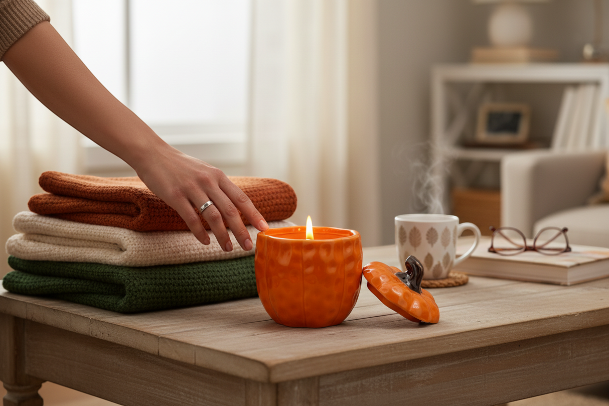 Covered Ceramic Pumpkin Jar Wax Candle - Orange