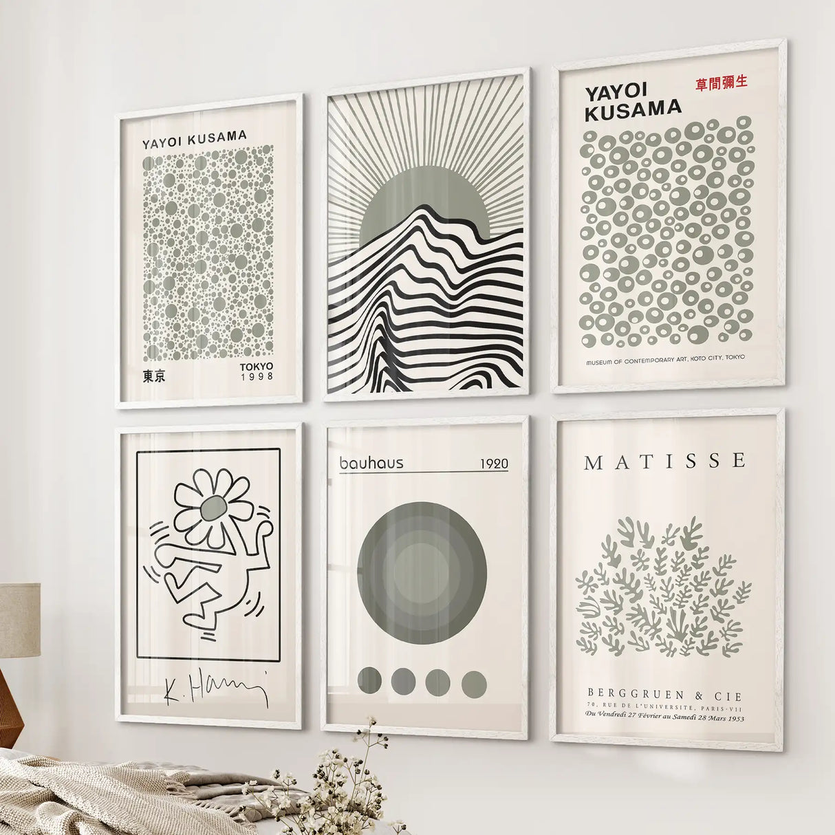 Gallery Wall Set of 6. Sage Green Bauhaus Prints Inspired by Kusama and Matisse