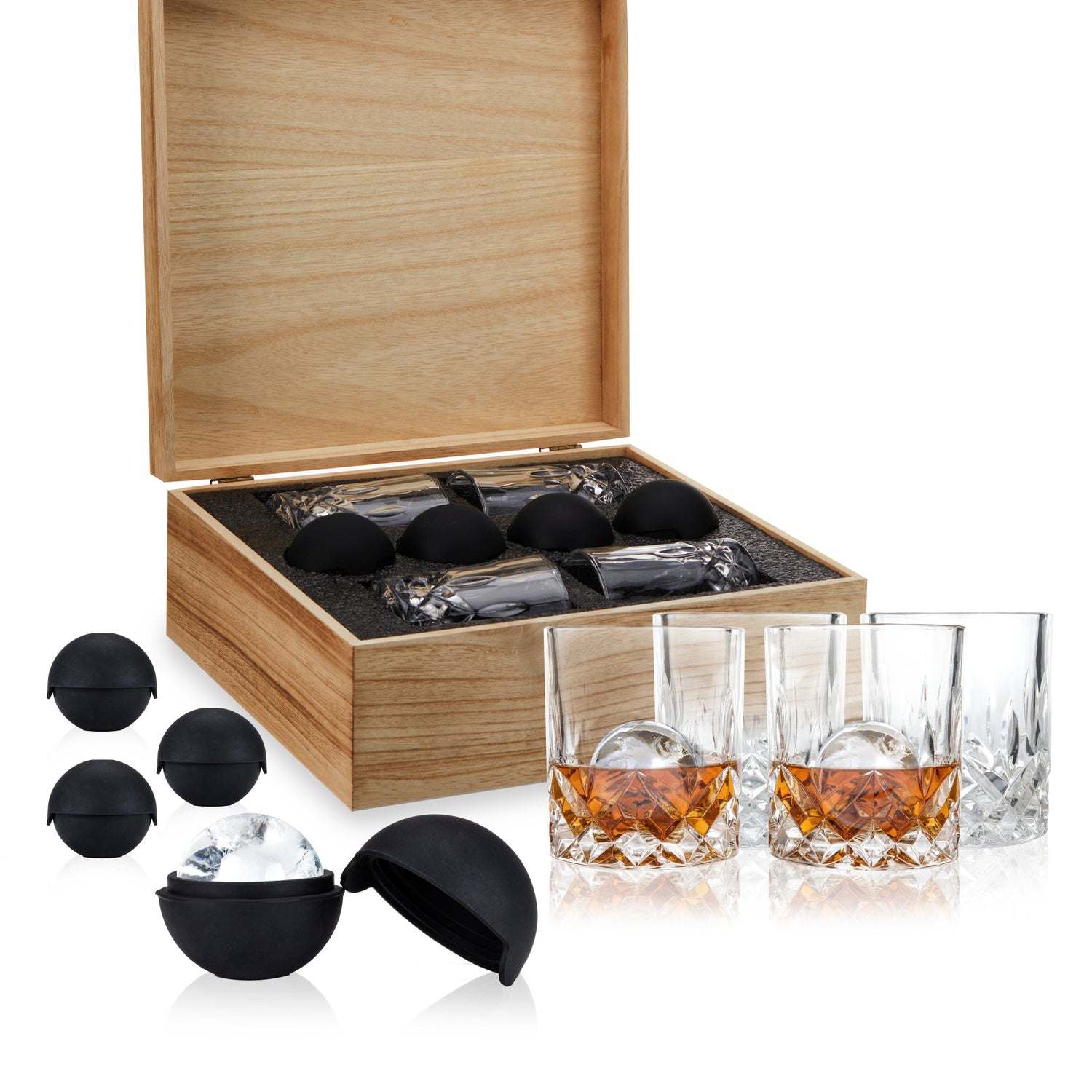 8-piece crystal liquor glass and ice sphere wood box set vis