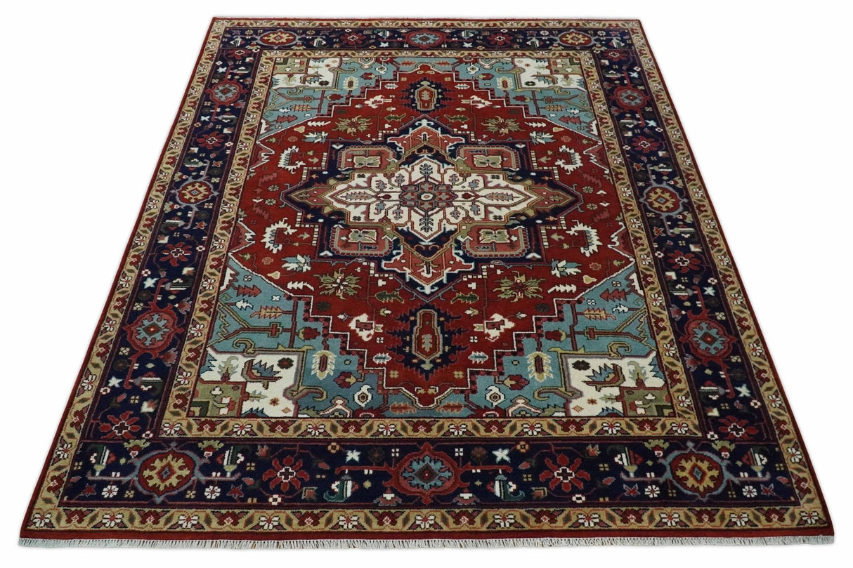 Large 9x12 Rust and Blue Hand Knotted Traditional Wool Rug