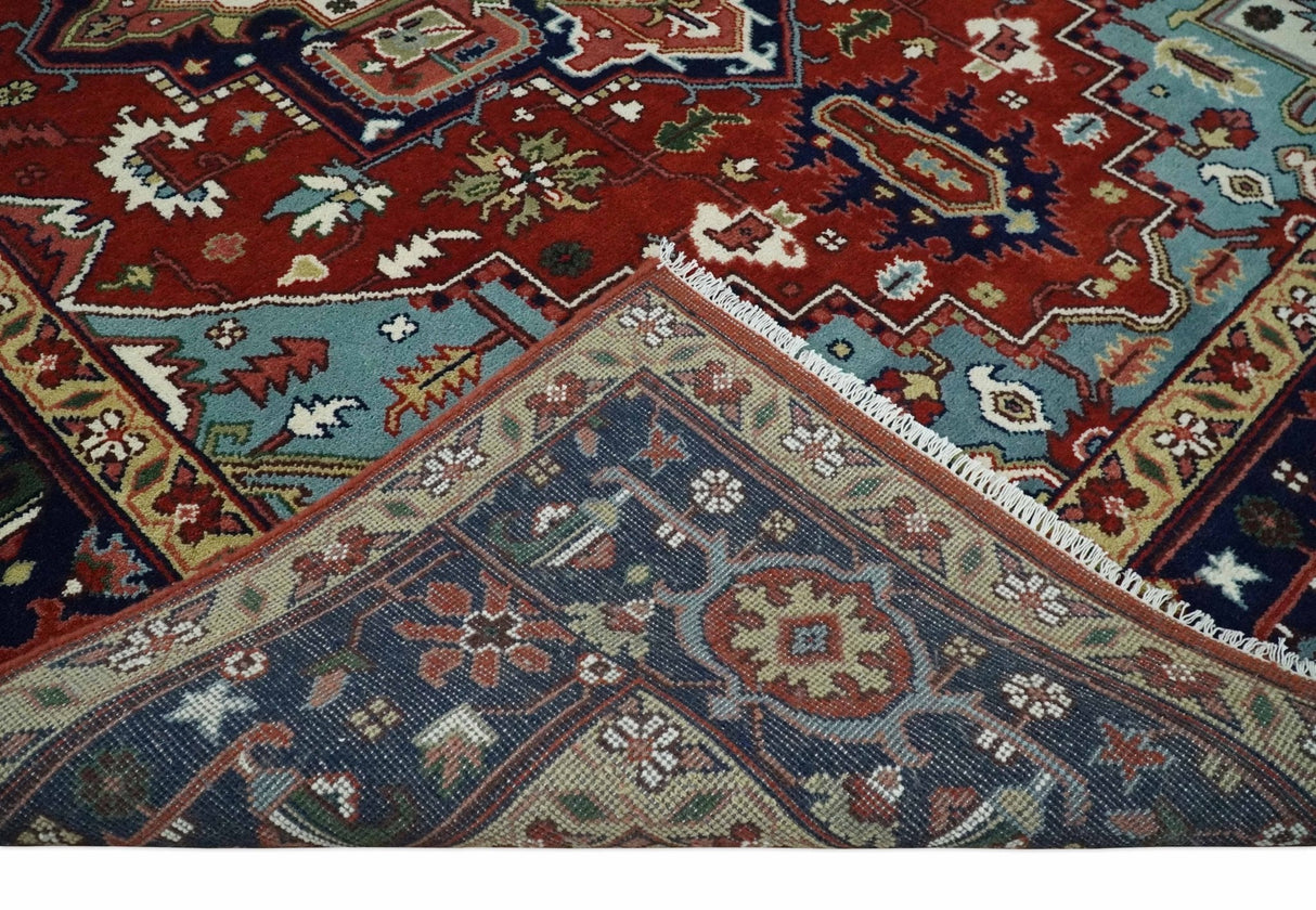 Large 9x12 Rust and Blue Hand Knotted Traditional Wool Rug