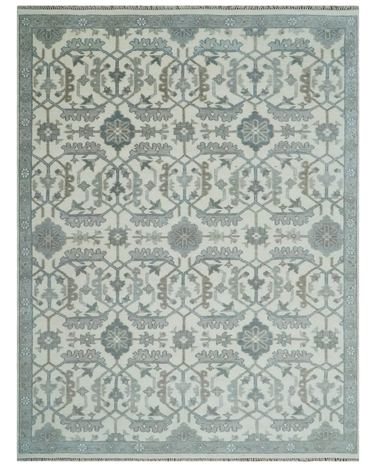 Large Hand Knotted Ivory and Silver 9x12 Oriental Oushak Traditional Wool Area Rug