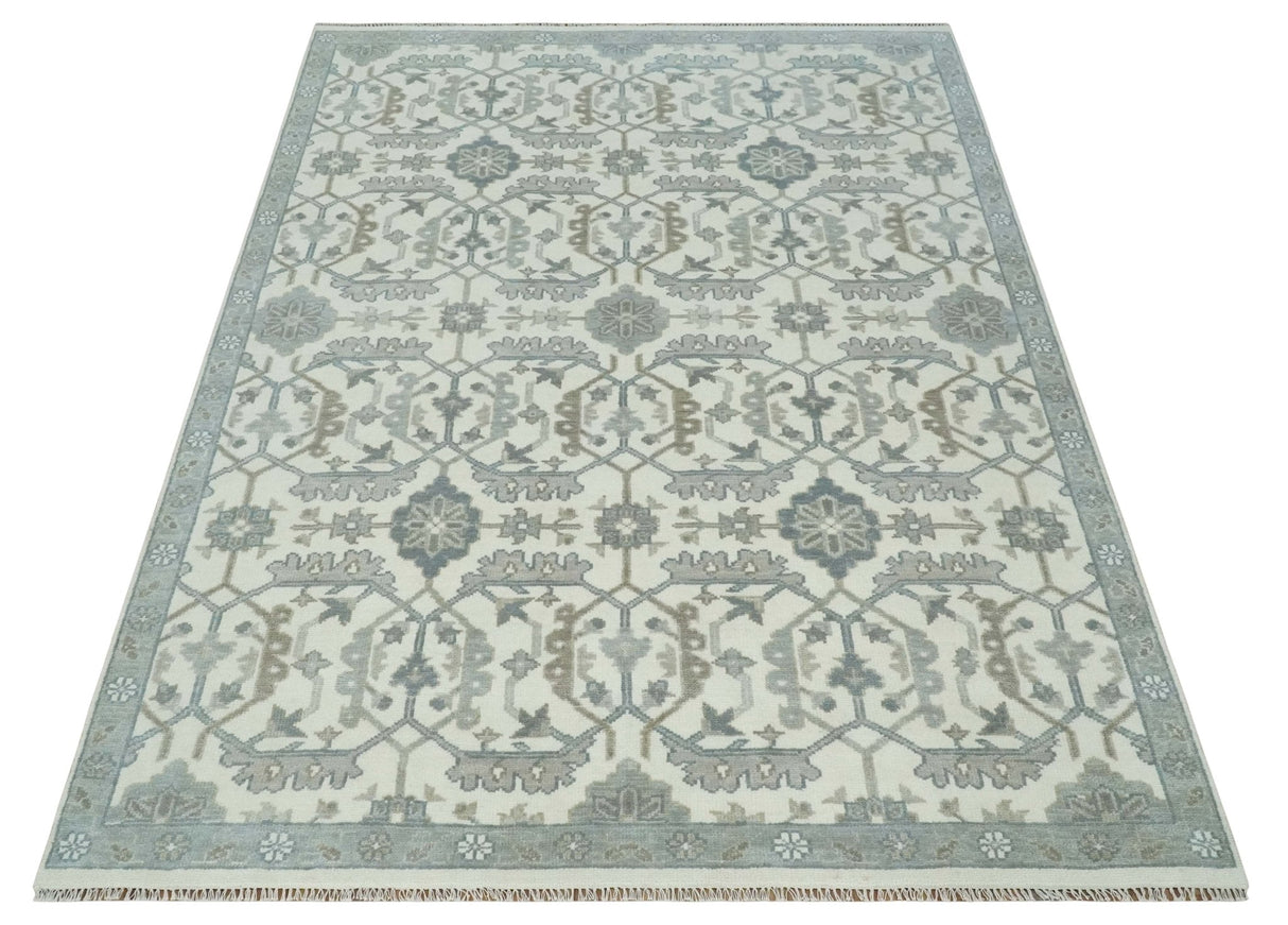 Large Hand Knotted Ivory and Silver 9x12 Oriental Oushak Traditional Wool Area Rug