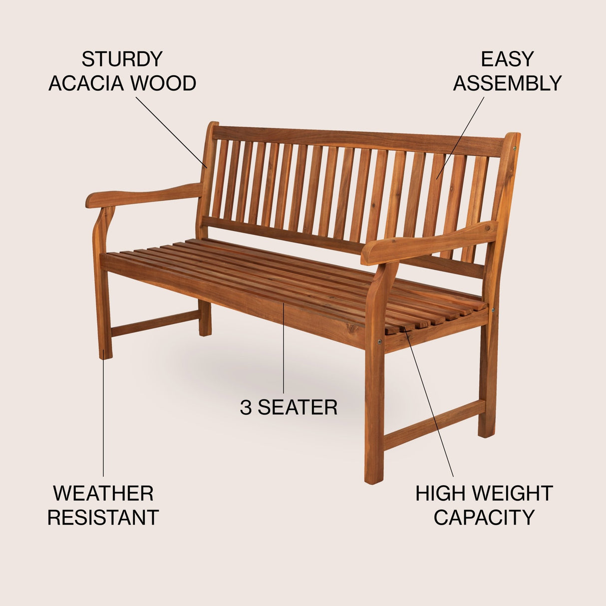 Laurel 3 - seat slat - back support acacia wood outdoor garden patio bench - Tuesday Morning - Outdoor Benches
