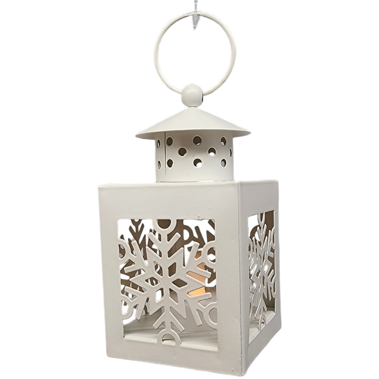 B/O Lighted Metal Holiday Lantern with LED Tealight - White
