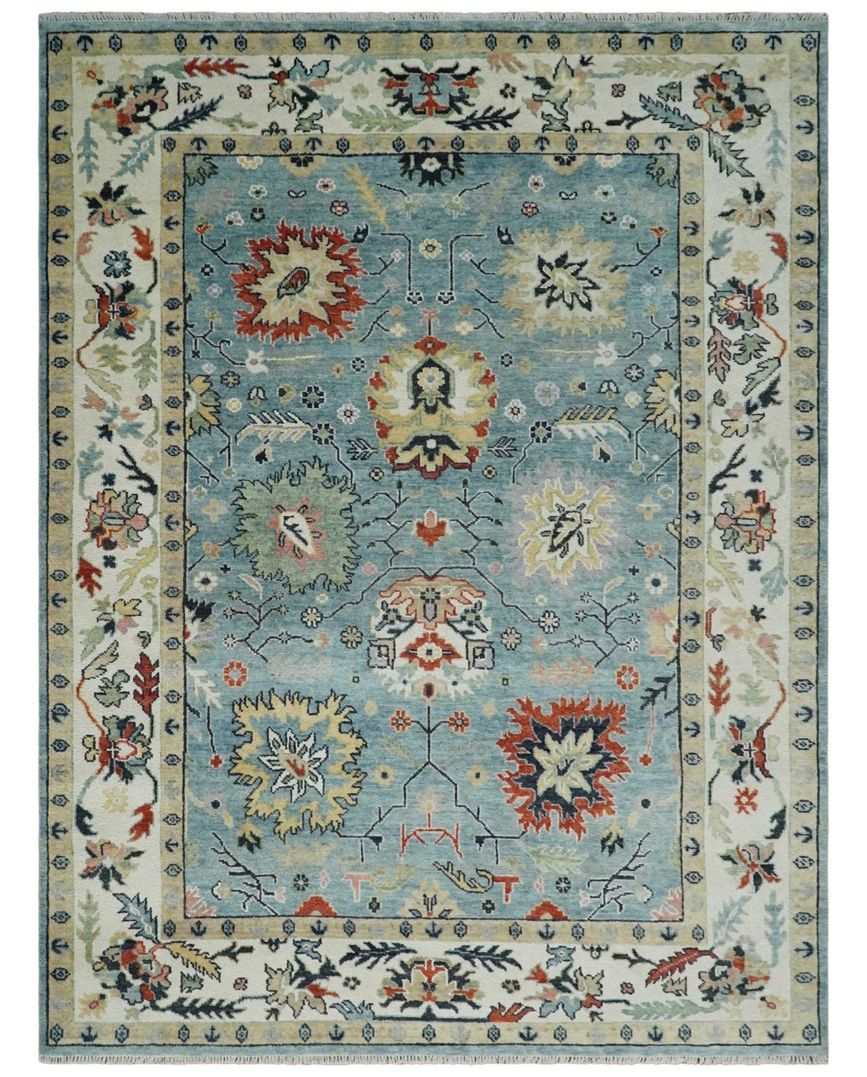Light Blue and Ivory hand knotted 8.10x11.8 Vibrant colorful Traditional Oushak Wool Area Rug