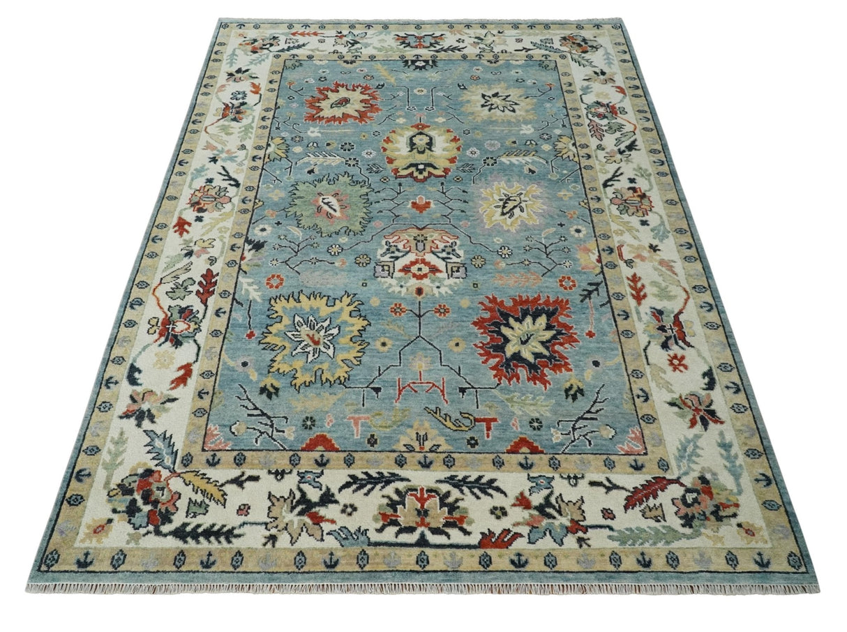 Light Blue and Ivory hand knotted 8.10x11.8 Vibrant colorful Traditional Oushak Wool Area Rug
