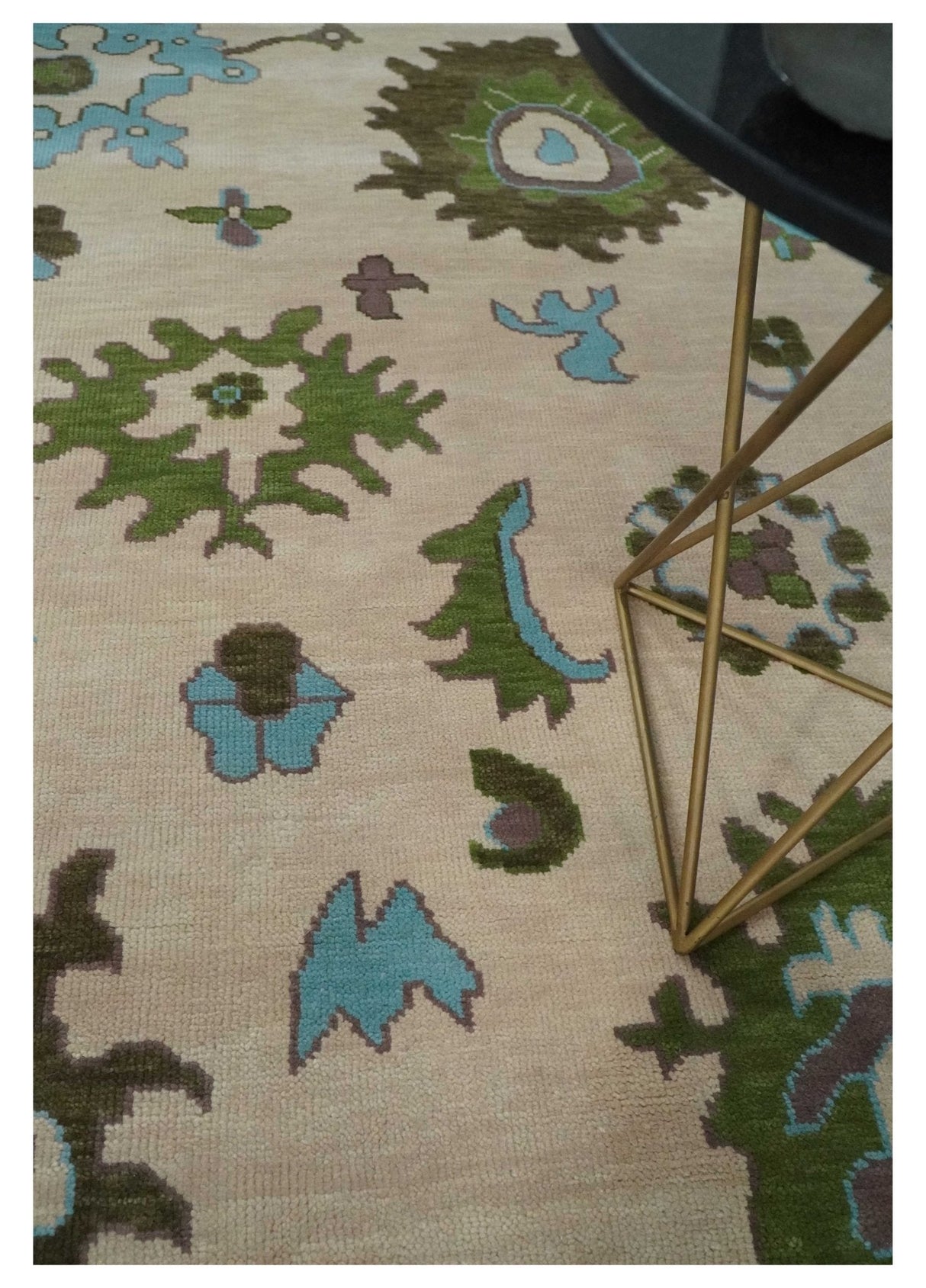 Light Peach, Green and Aqua Hand knotted Traditional Oushak 9x12 wool Area Rug