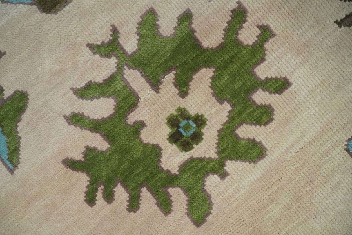 Light Peach, Green and Aqua Hand knotted Traditional Oushak 9x12 wool Area Rug