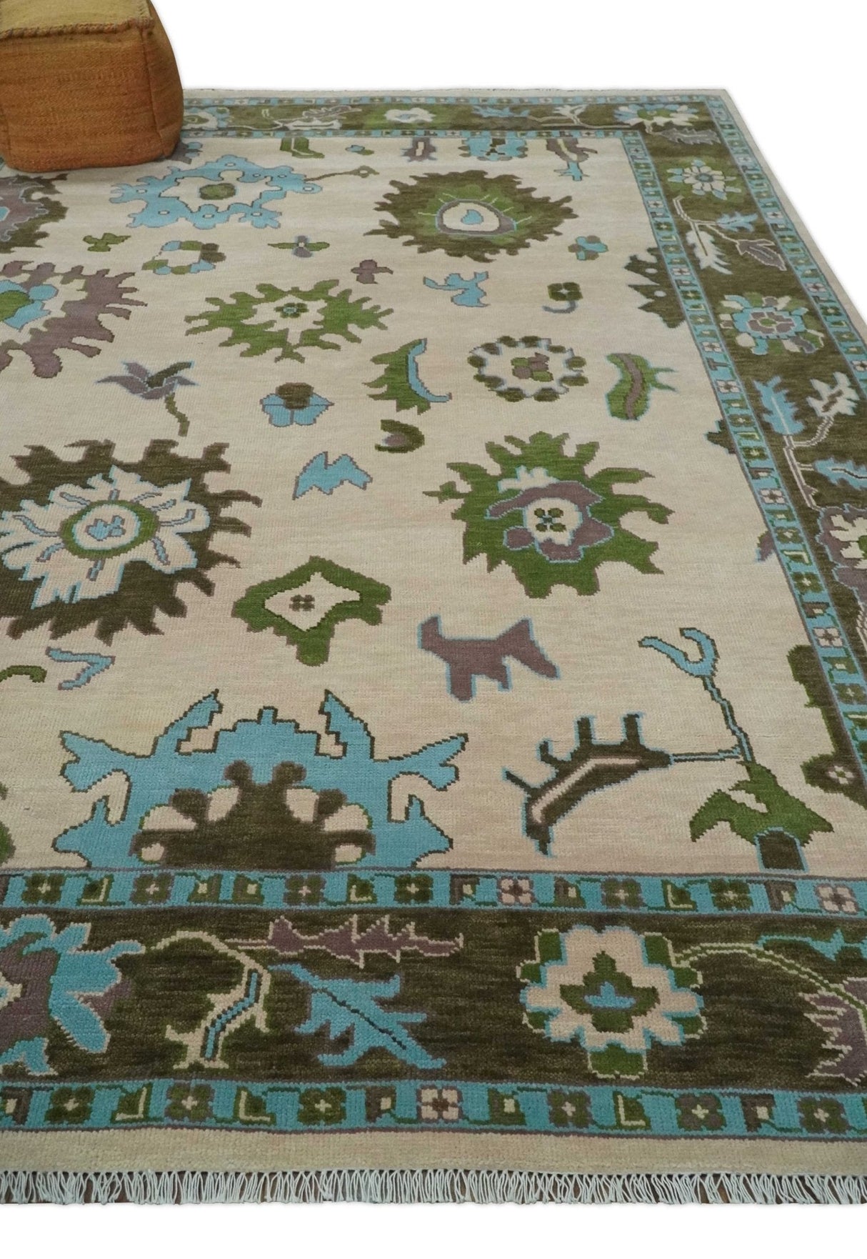 Light Peach, Green and Aqua Hand knotted Traditional Oushak 9x12 wool Area Rug