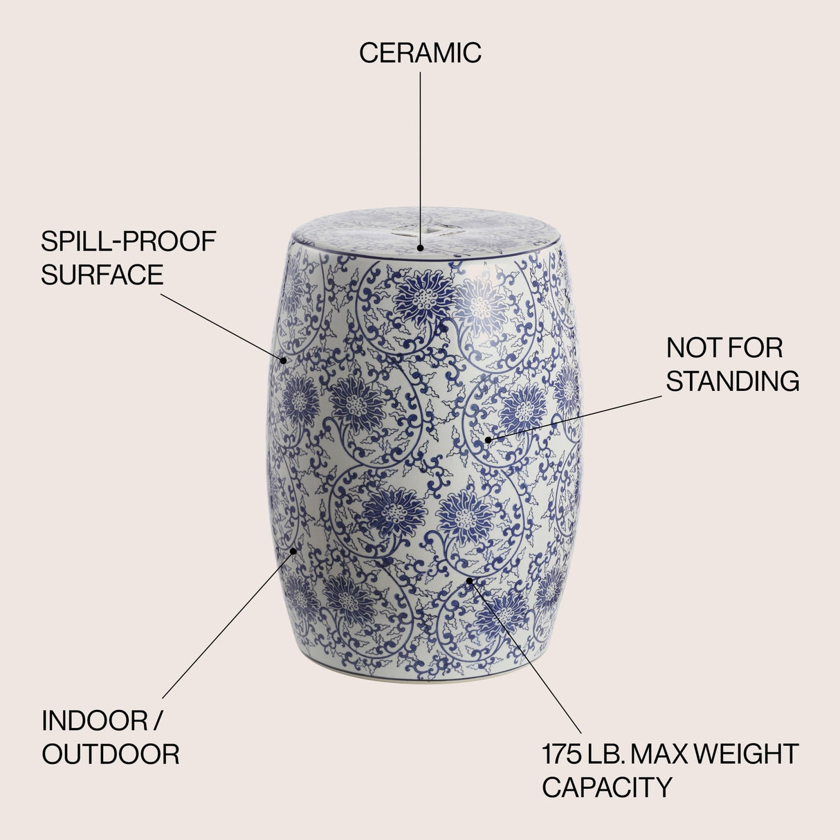 Lotus chinoiserie ceramic drum garden stool accent - Tuesday Morning - Outdoor Tables