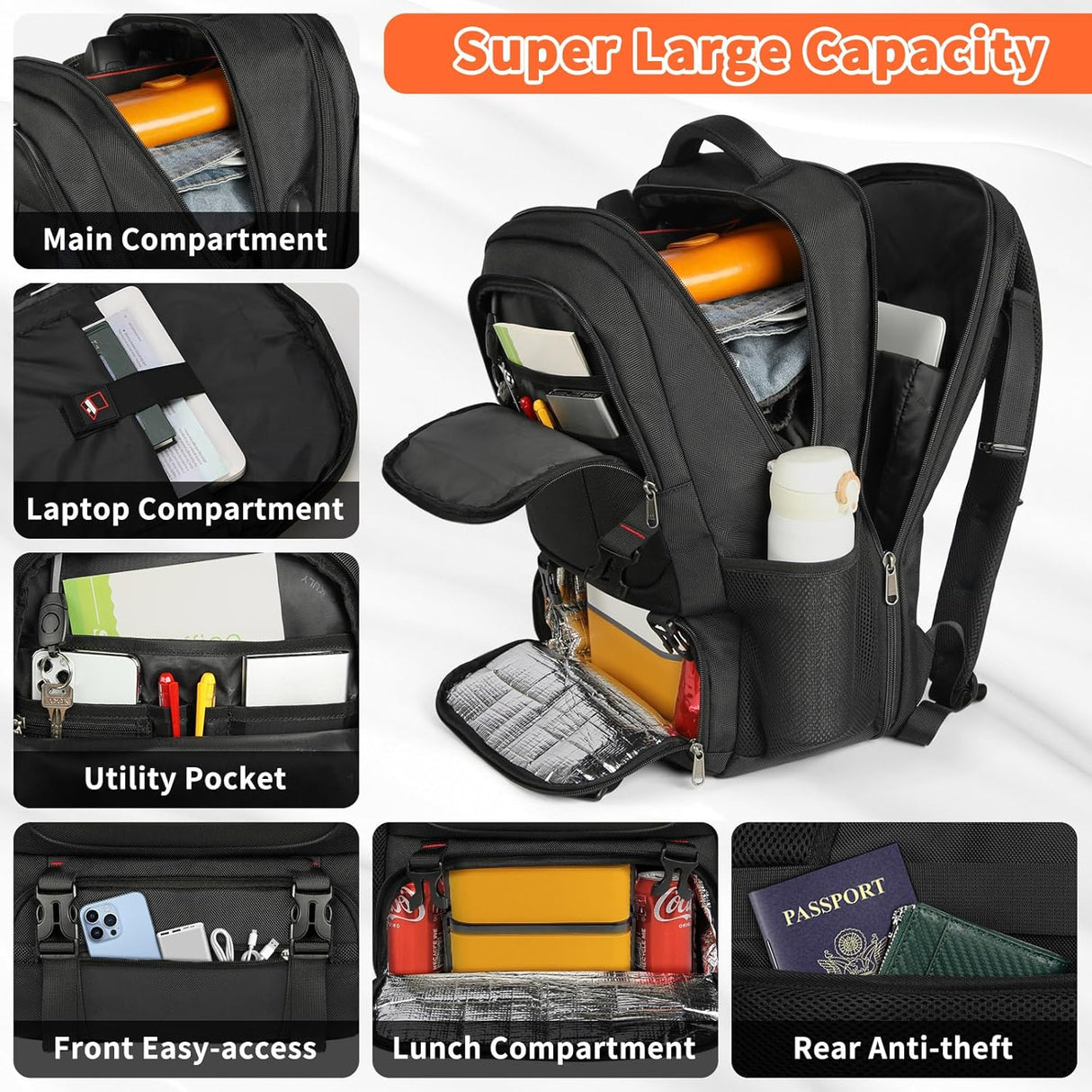 50L Travel Laptop Backpack 17.3 Inch TSA Waterproof with Insulated Compartment USB