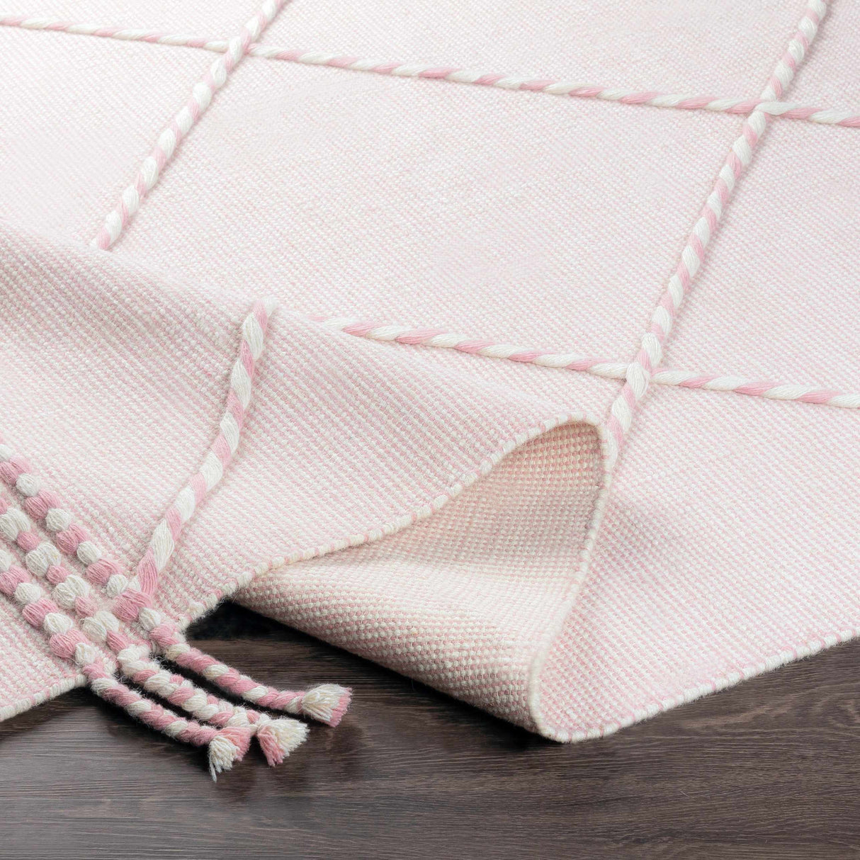 Lupton Pink Trellis Wool Rug with tassels - Clearance