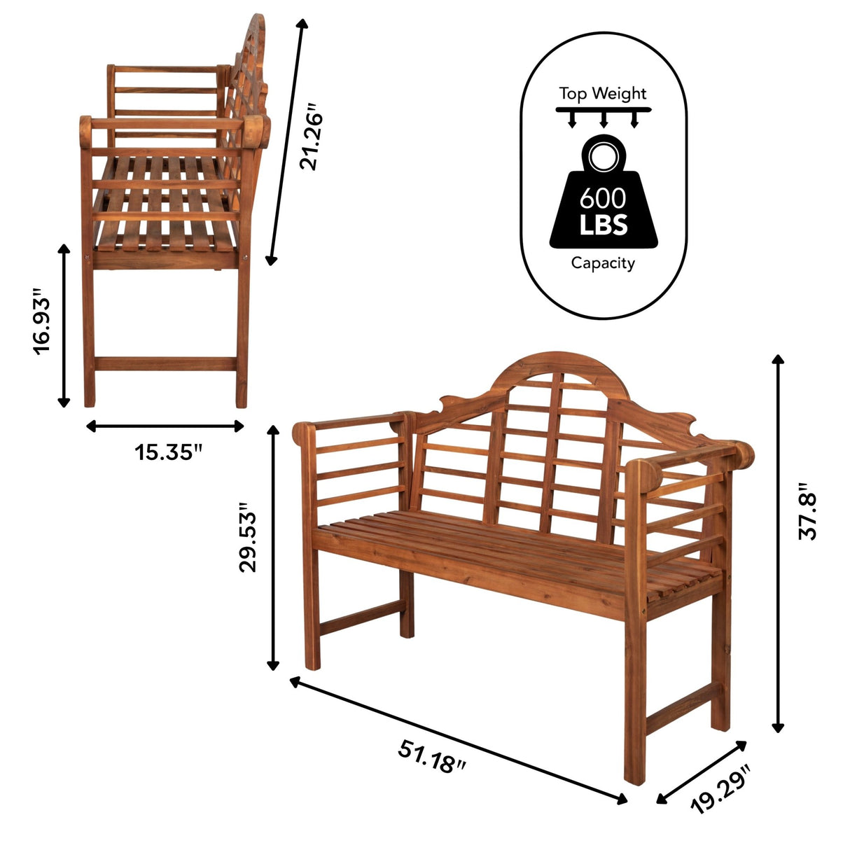 Lutyens 3 - seat arched support acacia wood outdoor garden patio bench - Tuesday Morning - Outdoor Benches