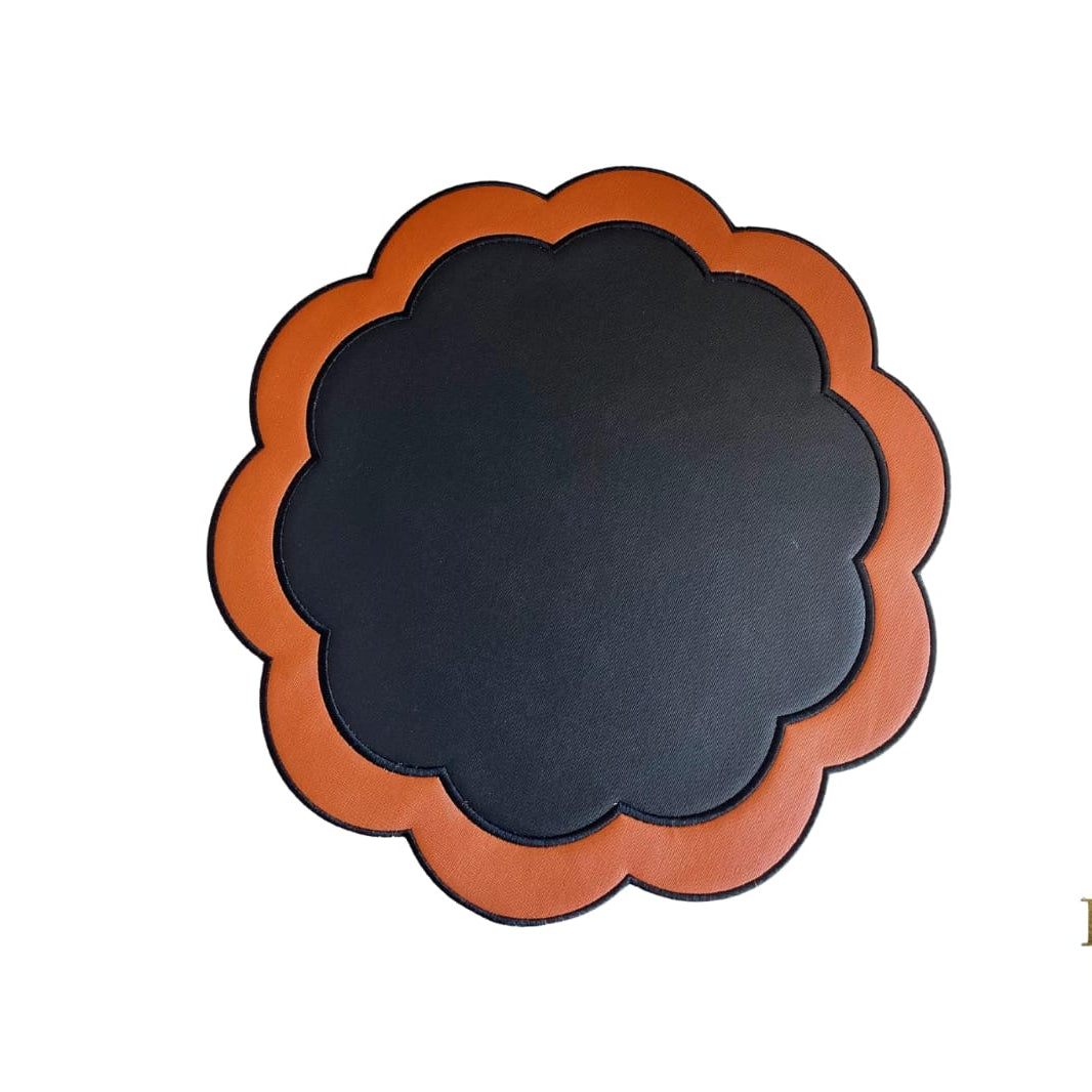 Serenity Black Orange Scalloped Faux Leather Placemats