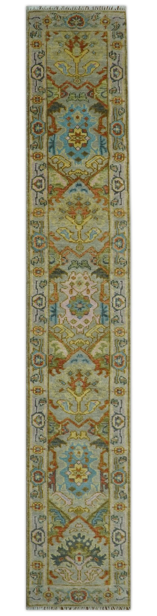 Made to Order Traditional Olive And Blue Hand Knotted Runner Wool Rug