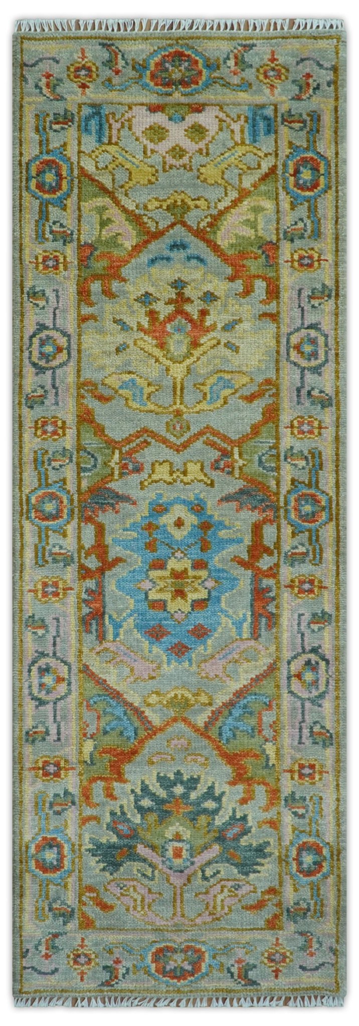 Made to Order Traditional Olive And Blue Hand Knotted Runner Wool Rug