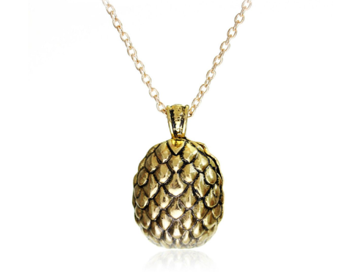 Gold Dragon Egg Pendant Necklace – Antique Fantasy-Inspired Jewelry with Textured Scale Design, 18" Chain