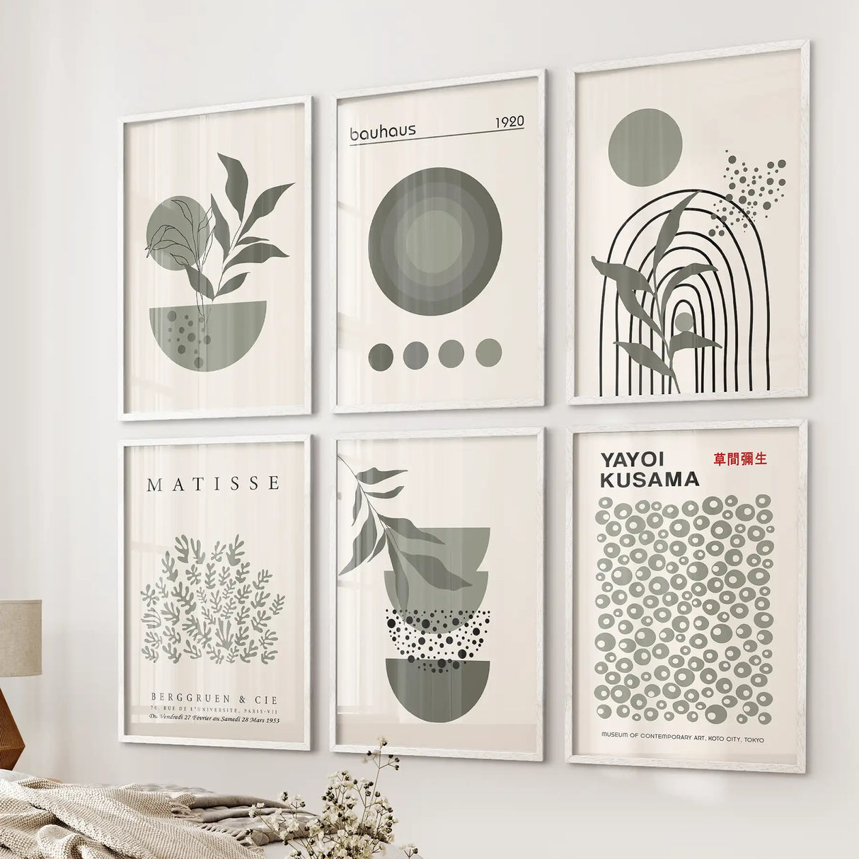 Sage Green Gallery Wall. Set of 6 Abstract Posters Inspired by Matisse, Kusama and Bauhaus