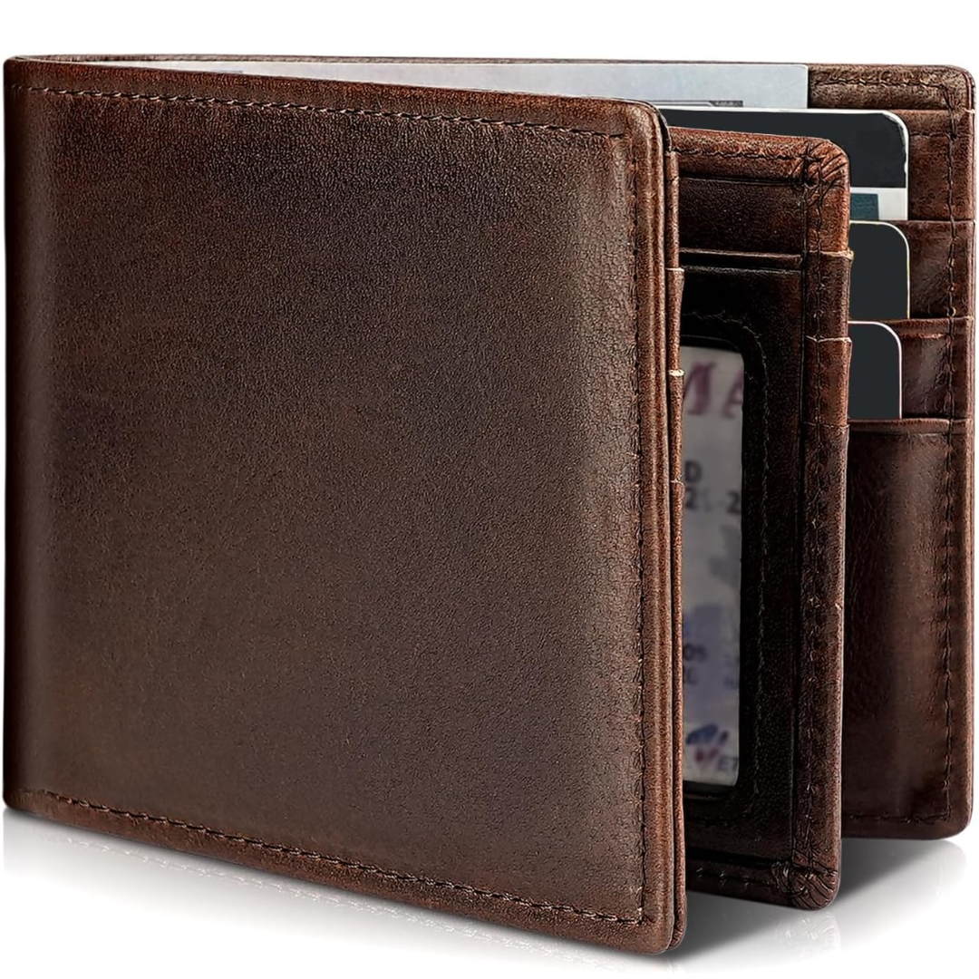 Men’s Genuine Leather RFID Blocking Bifold Wallet 13 Card Slots