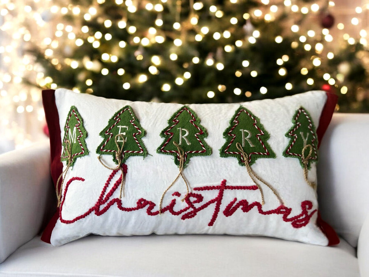 Merry Christmas Embroidered and Applique Tree with Jute Embellishments Throw Pillow