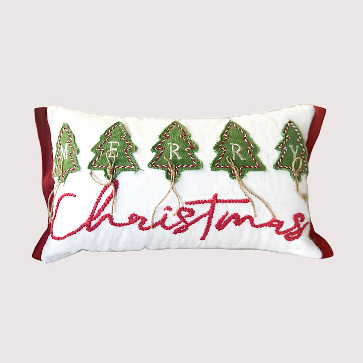 Merry Christmas Embroidered and Applique Tree with Jute Embellishments Throw Pillow